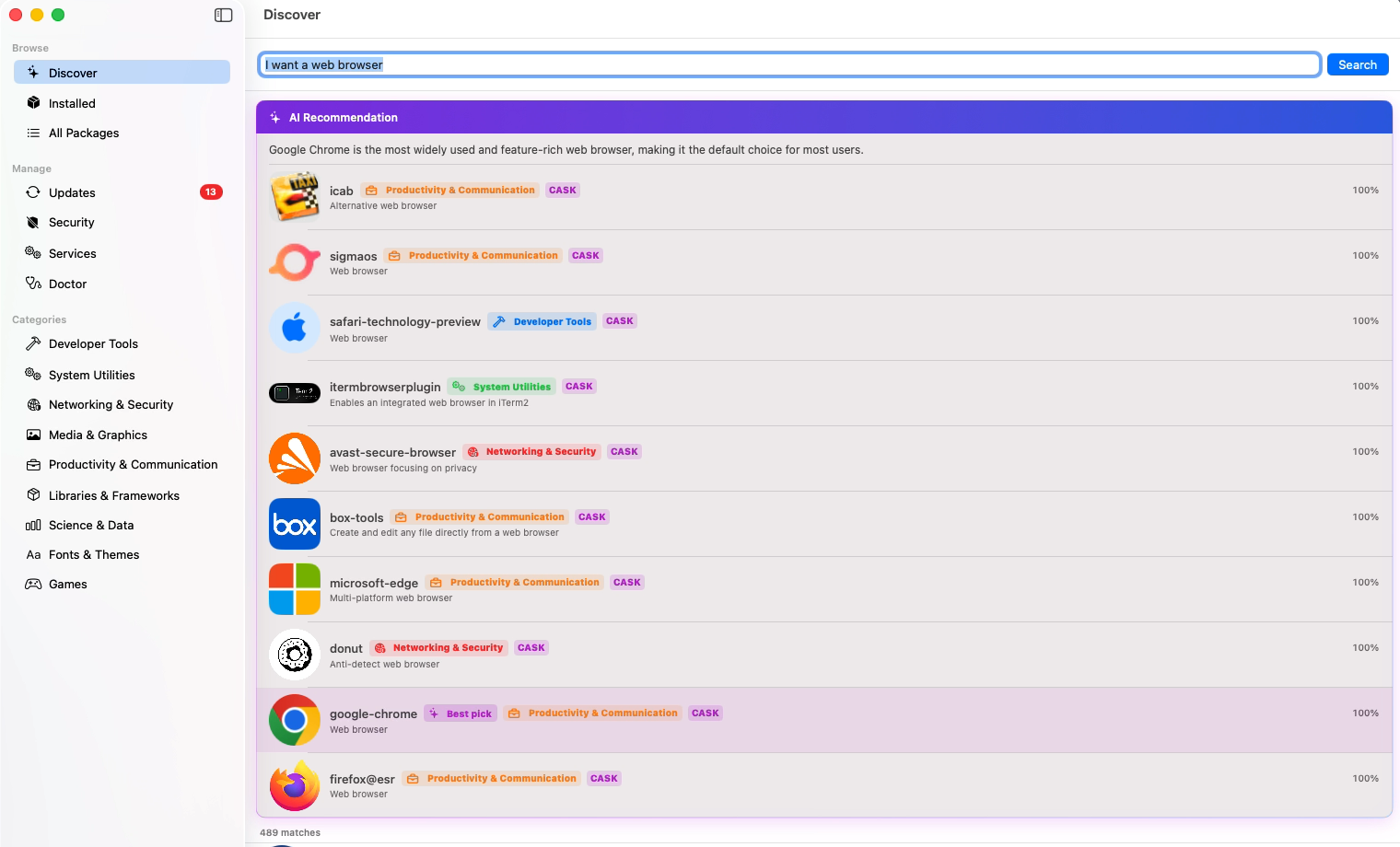 Ανακάλυψη στο EasyHomebrew — το ερώτημα σε απλή γλώσσα «θέλω έναν browser» επιστρέφει 489 αντιστοιχίες με έναν πίνακα πρότασης τεχνητής νοημοσύνης που τις κατατάσσει και σημειώνει το google-chrome ως την καλύτερη επιλογή