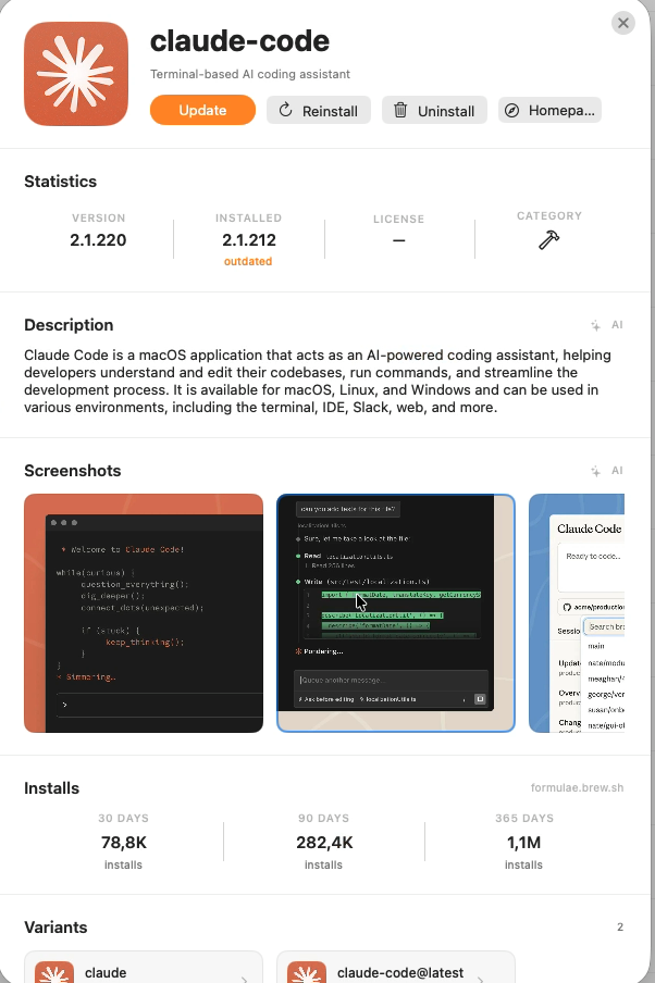 Φύλλο λεπτομερειών του EasyHomebrew για το claude-code, με σήμανση ξεπερασμένης έκδοσης, περιγραφή γραμμένη από την τεχνητή νοημοσύνη, συλλογή στιγμιότυπων και μετρήσεις εγκαταστάσεων 30, 90 και 365 ημερών